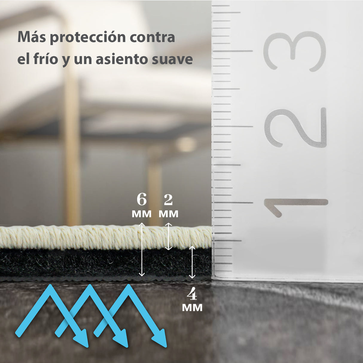 Imagen de la alfombra 'Ariel' mostrando la altura de las capas con texto indicativo: capa superior de 2 mm y capa inferior antideslizante de 4 mm. La alfombra es lavable en lavadora y no suelta pelusa.