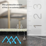 Imagen de la alfombra 'Ariel' mostrando la altura de las capas con texto indicativo: capa superior de 2 mm y capa inferior antideslizante de 4 mm. La alfombra es lavable en lavadora y no suelta pelusa.