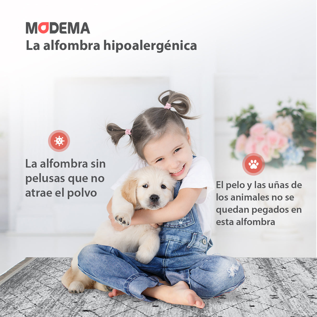 Alfombra 'Grace' con un bebé y una mascota jugando sobre ella. Destaca por su diseño elegante y suave, ideal para familias. La alfombra es lavable en lavadora, antideslizante, sin pelusas e hipoalergénica, ofreciendo comodidad y seguridad para todos los miembros de la familia.