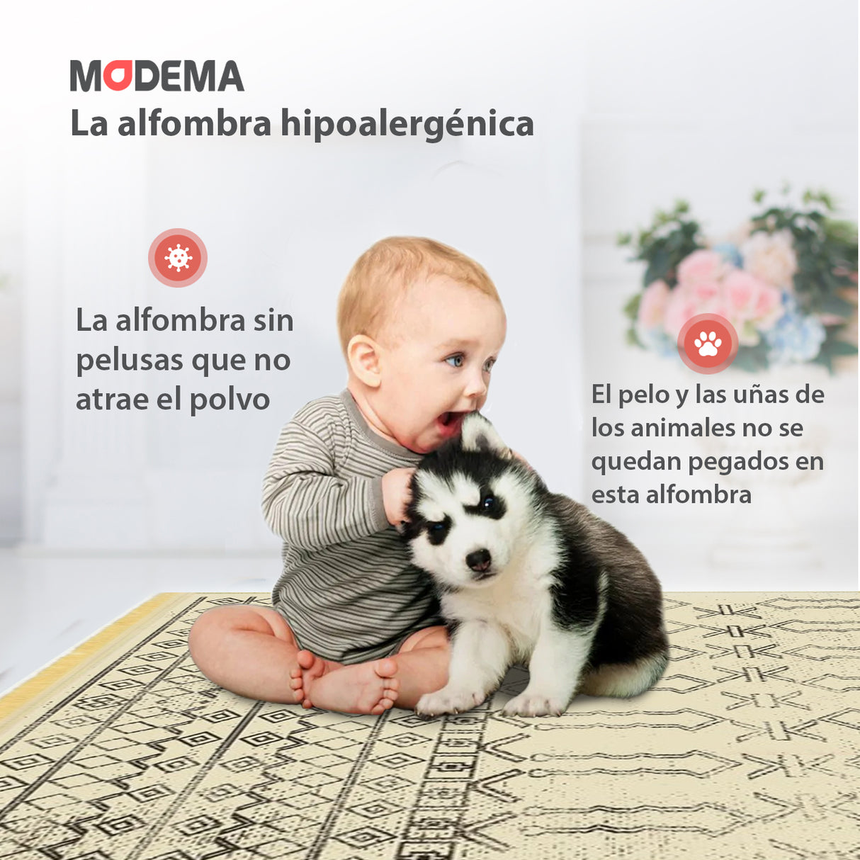 Bebé y mascota jugando sobre la alfombra 'Harmony', con texto que resalta sus características: lavable en lavadora, base antideslizante, sin pelusas e hipoalergénica, ofreciendo comodidad y estilo.