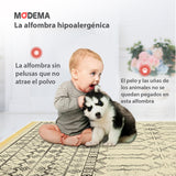 Bebé y mascota jugando sobre la alfombra 'Harmony', con texto que resalta sus características: lavable en lavadora, base antideslizante, sin pelusas e hipoalergénica, ofreciendo comodidad y estilo.