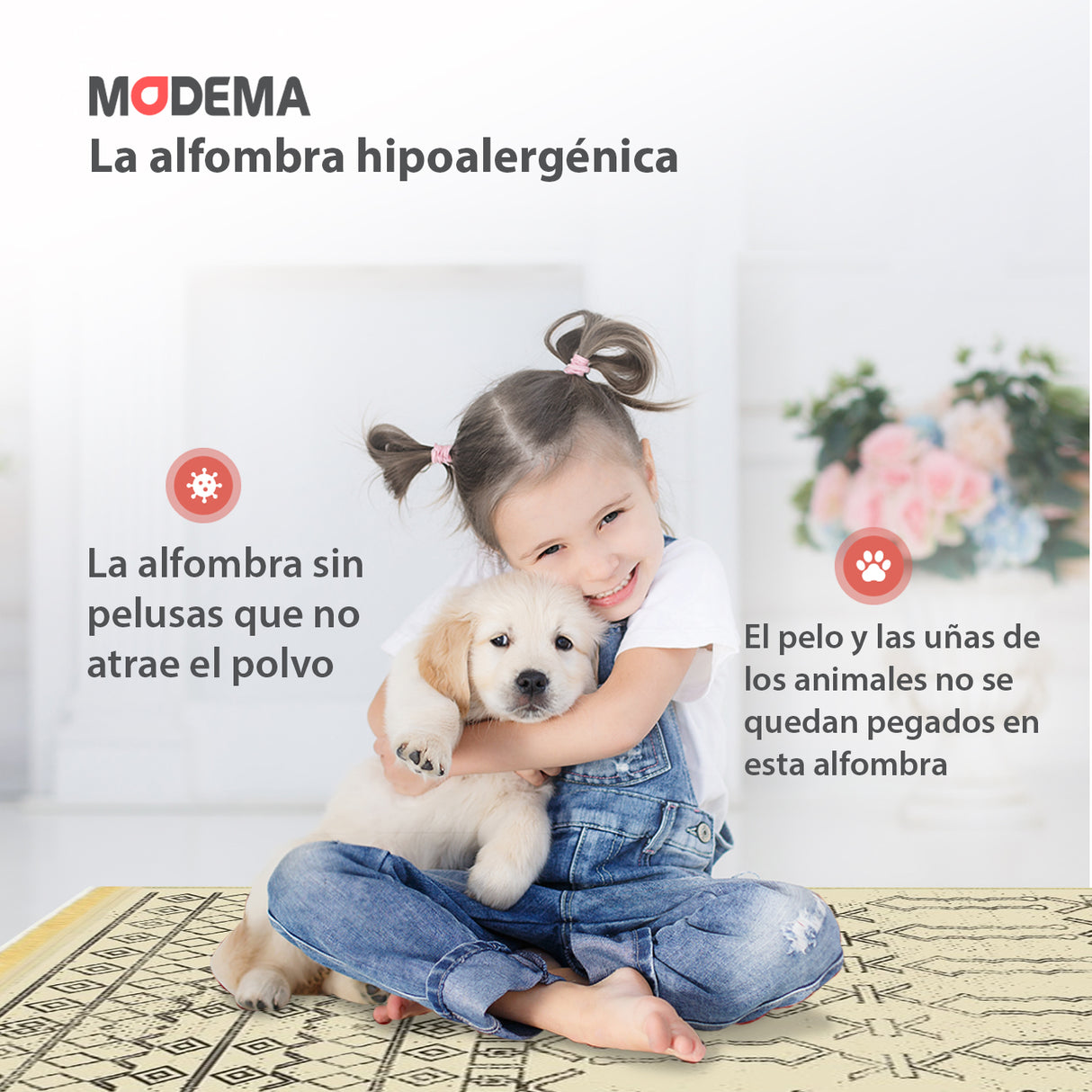 Bebé y mascota jugando sobre la alfombra 'Harmony', con texto que resalta sus características: lavable en lavadora, base antideslizante, sin pelusas e hipoalergénica, ofreciendo comodidad y estilo.