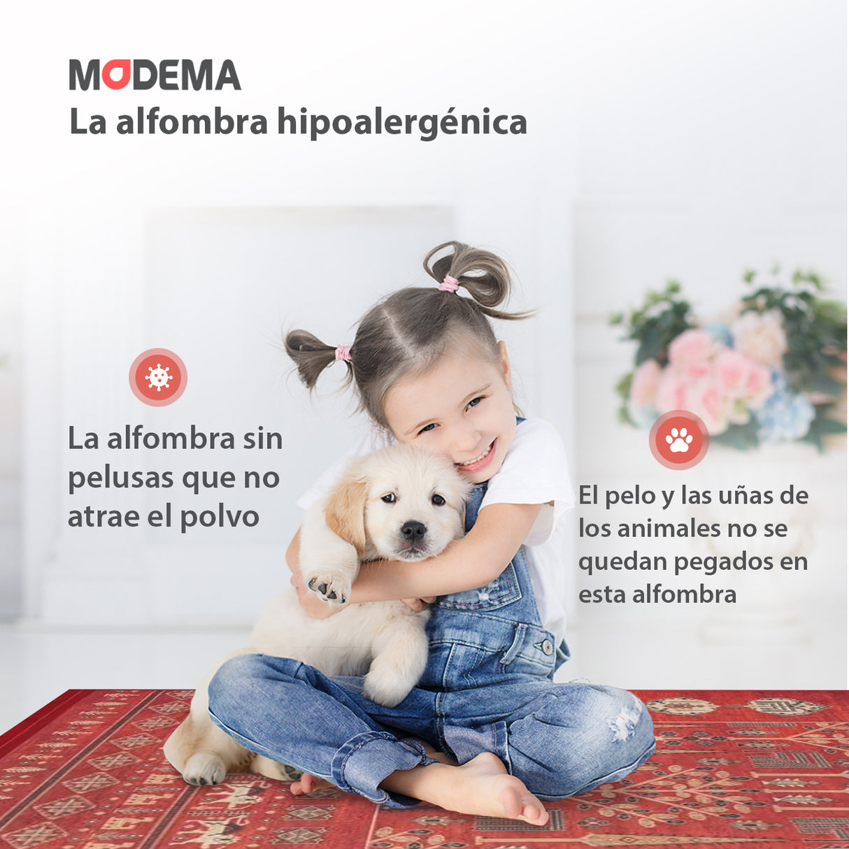 Bebé y mascota sobre la alfombra 'Jardín Oriental', destacando su seguridad y facilidad de mantenimiento. Características como lavable en lavadora y base antideslizante son ideales para hogares activos.