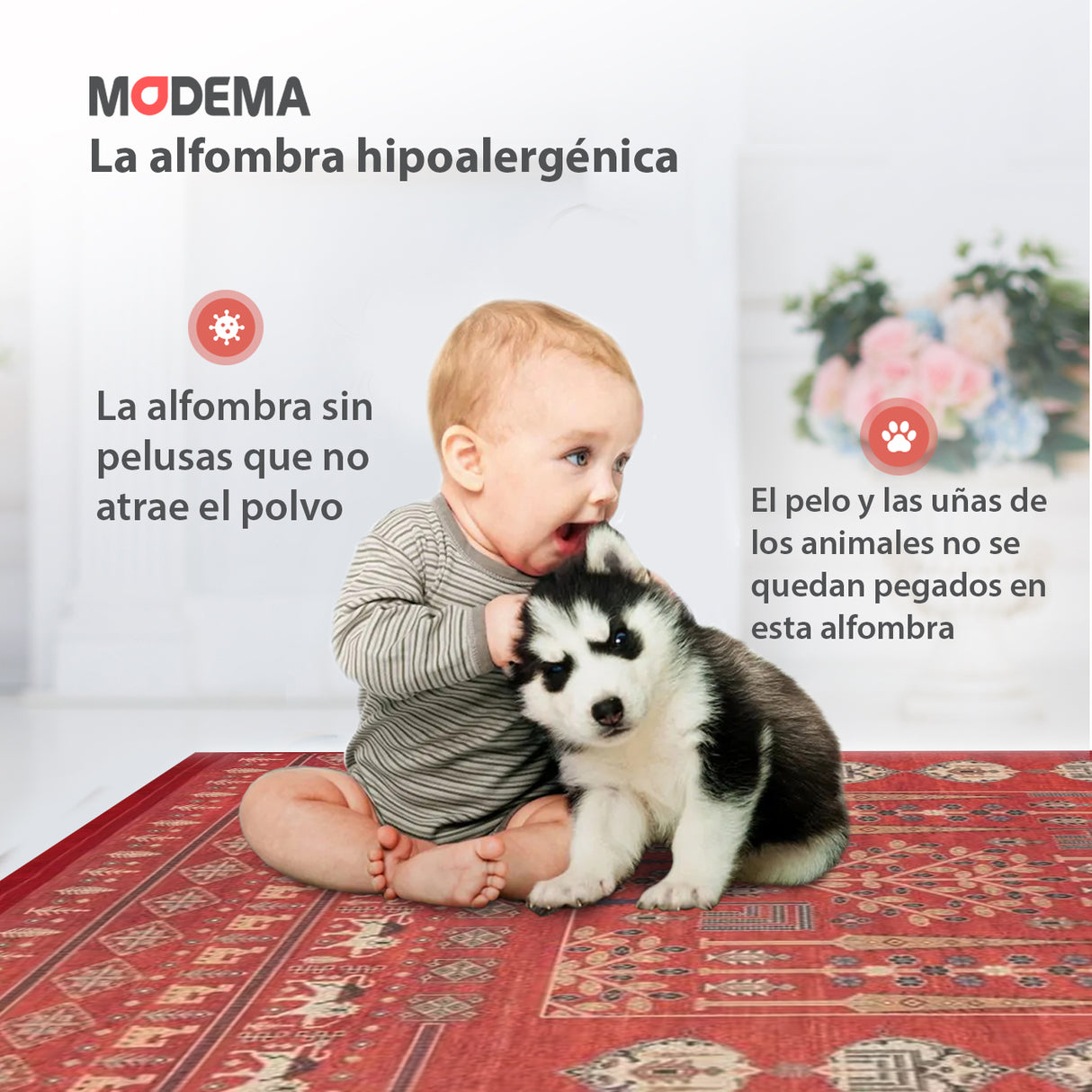 Bebé y mascota sobre la alfombra 'Jardín Oriental', destacando su seguridad y facilidad de mantenimiento. Características como lavable en lavadora y base antideslizante son ideales para hogares activos.