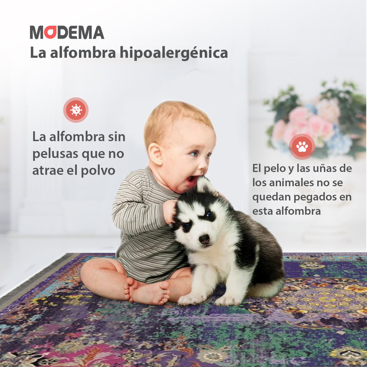 Bebé y mascota disfrutando sobre la alfombra 'Jazmín', con texto explicativo sobre sus características. Destaca su lavabilidad, base antideslizante, y propiedades hipoalergénicas, perfecta para hogares activos buscando estilo y seguridad.