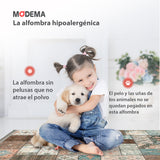 Bebé y mascota jugando sobre la alfombra 'Lumin', con texto que destaca sus características: lavable en lavadora, base antideslizante, sin pelusas e hipoalergénica, ofreciendo una combinación de comodidad y estilo.