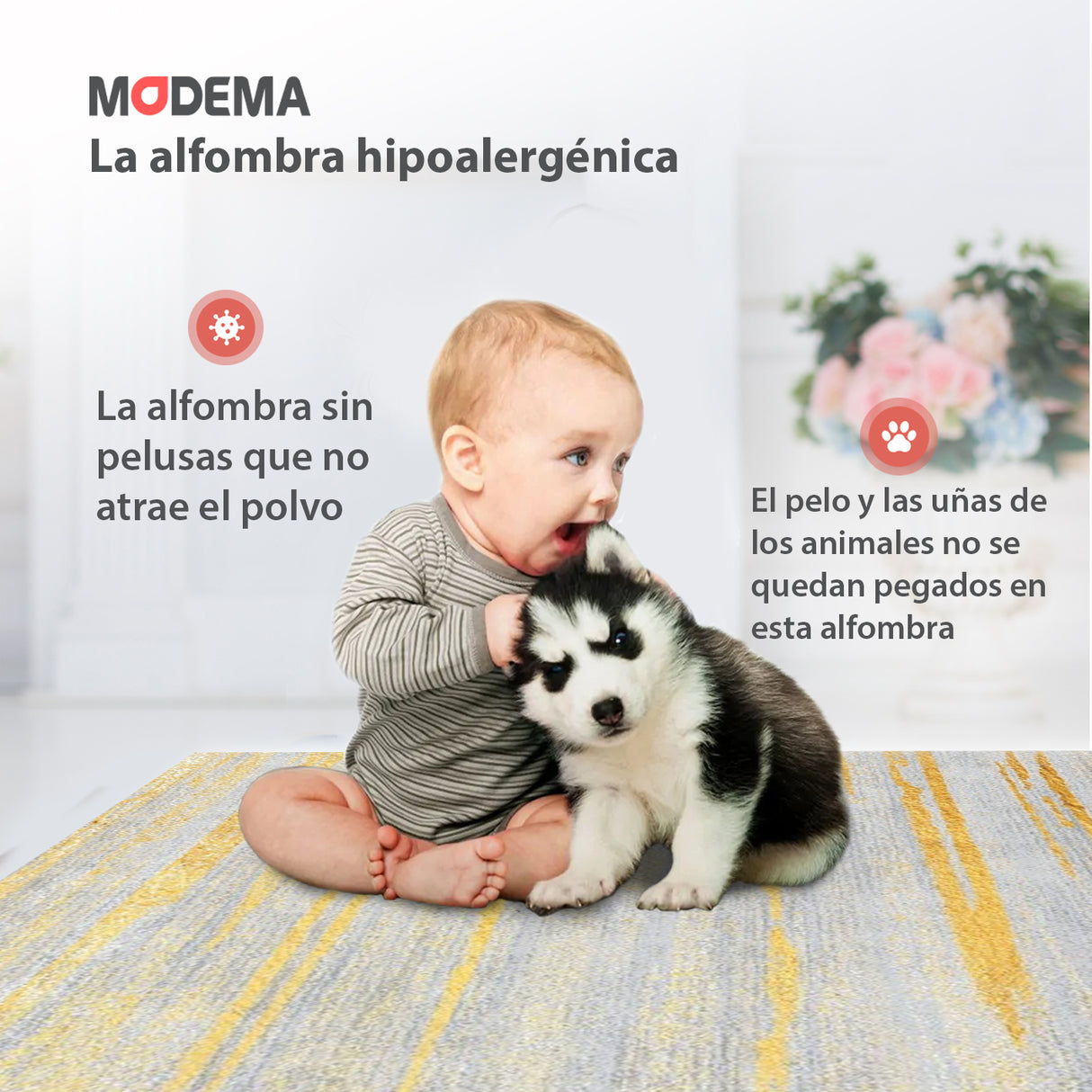 Bebé y mascota jugando sobre la alfombra 'Luxora', con texto que destaca sus características: lavable en lavadora, base antideslizante, sin pelusas e hipoalergénica, ofreciendo comodidad y facilidad de mantenimiento.