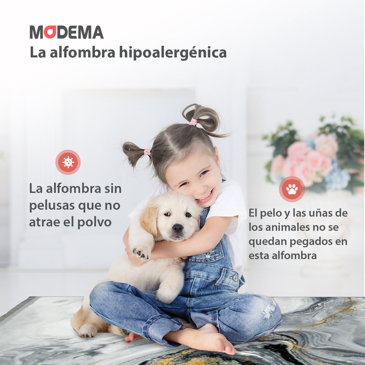 Niña y mascota sobre la alfombra 'Mármol', con texto en la imagen que destaca sus características: diseño en tonos de gris y blanco con toques dorados, lavable en lavadora, base antideslizante y sin pelusas