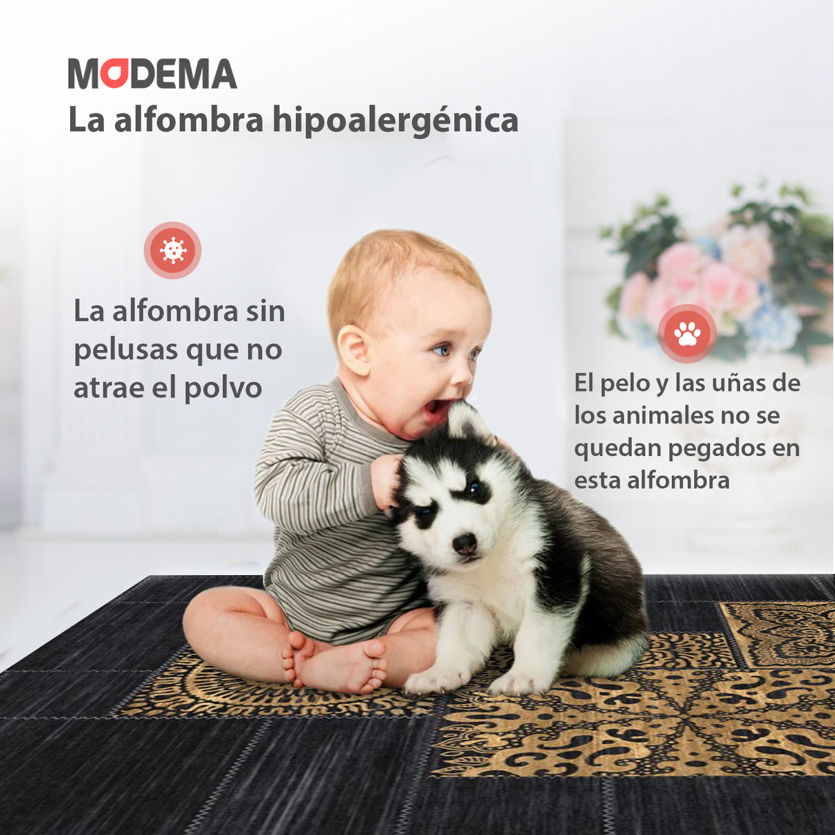 Bebé y mascota jugando sobre la alfombra 'Mosaic', con texto que destaca sus características: lavable en lavadora, base antideslizante, sin pelusas, combinando lujo y funcionalidad.