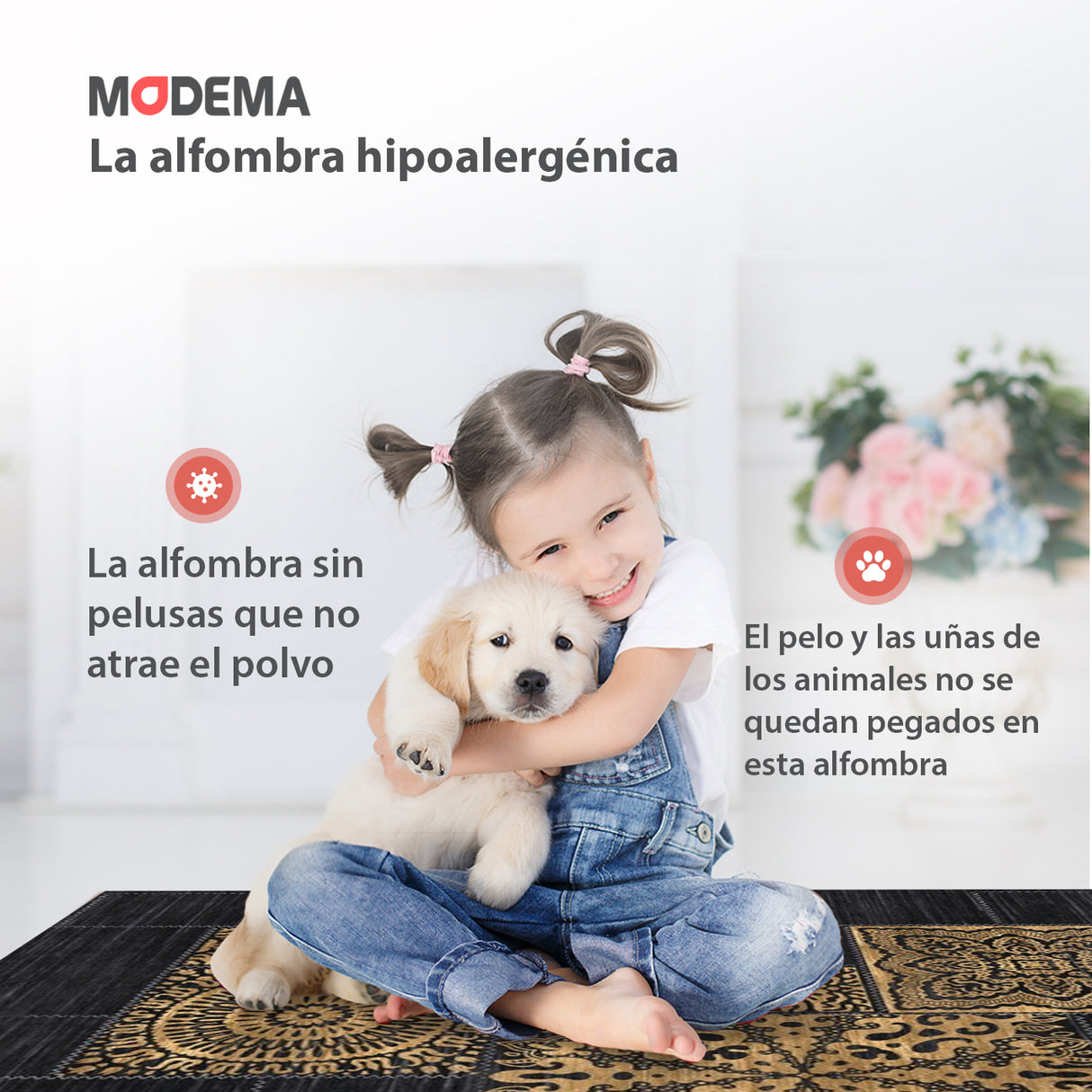 Bebé y mascota jugando sobre la alfombra 'Mosaic', con texto que destaca sus características: lavable en lavadora, base antideslizante, sin pelusas, combinando lujo y funcionalidad.