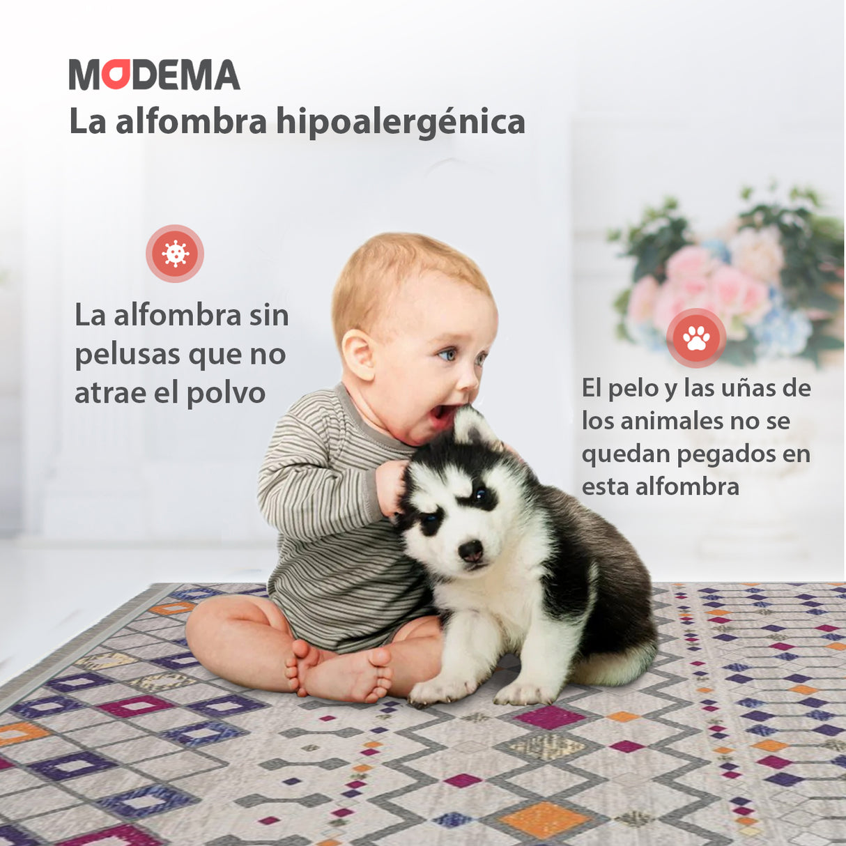 Bebé y mascota jugando sobre la alfombra 'Nadia', con texto que resalta sus características: lavable en lavadora, base antideslizante, sin pelusas e hipoalergénica, ofreciendo comodidad y estilo vibrante.