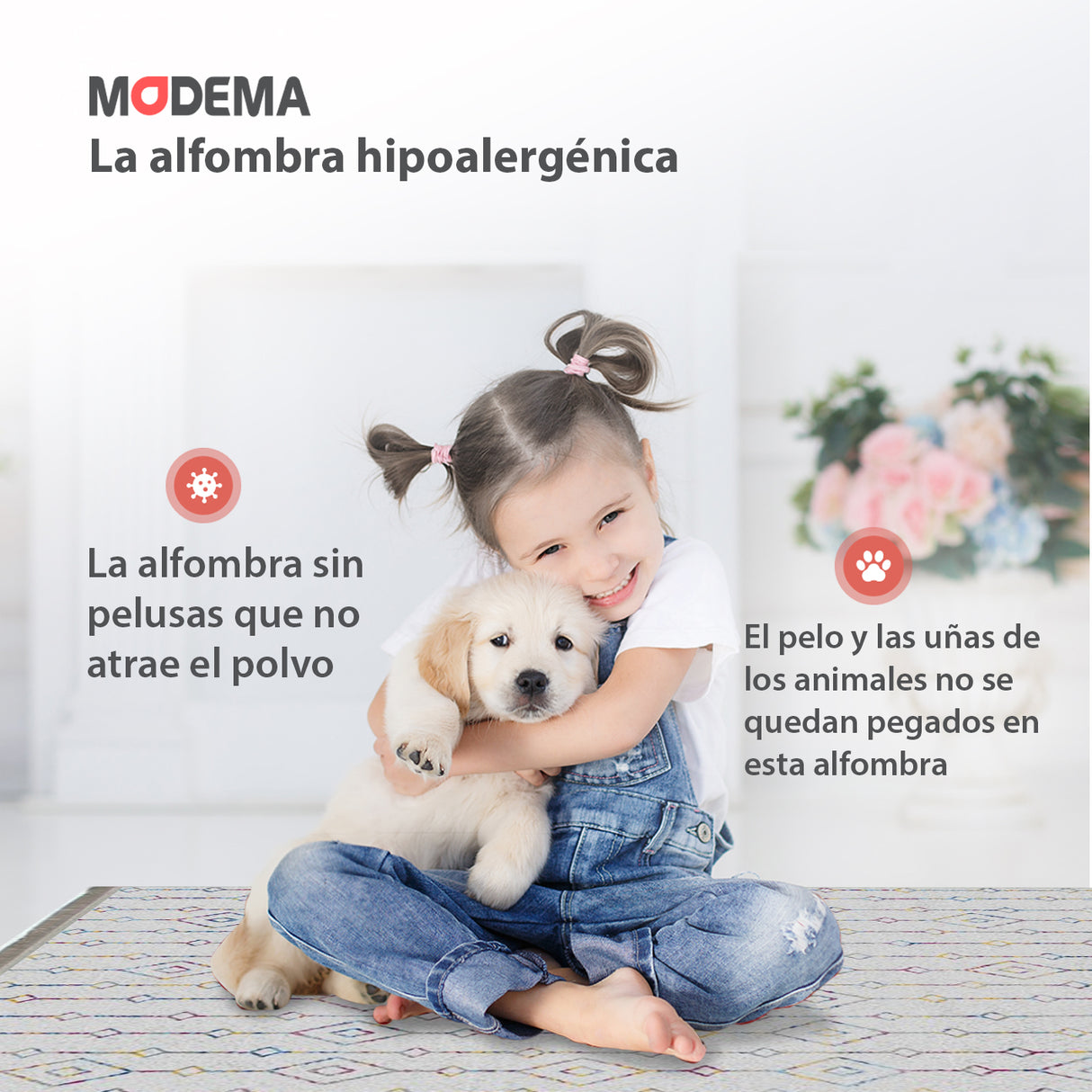 Bebé y mascota jugando sobre la alfombra 'Nora', con texto que resalta sus características: lavable en lavadora, base antideslizante, sin pelusas e hipoalergénica, proporcionando estilo y facilidad de mantenimiento.