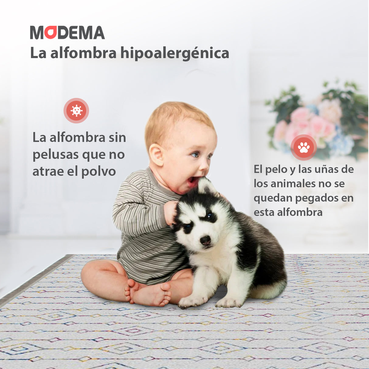 Bebé y mascota jugando sobre la alfombra 'Nora', con texto que resalta sus características: lavable en lavadora, base antideslizante, sin pelusas e hipoalergénica, proporcionando estilo y facilidad de mantenimiento.