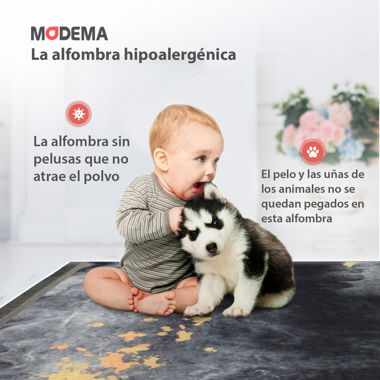 Bebé y mascota sobre la alfombra 'Prestige', con texto resaltando sus características: lavable en lavadora, base antideslizante, sin pelusas e hipoalergénica. Añade lujo y confort con un diseño abstracto en tonos grises y dorados.