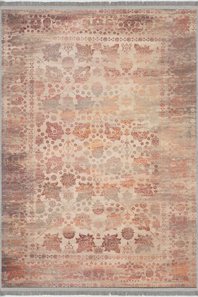 Alfombra vintage 'Rose' sobre un fondo blanco, destacando su elegante diseño con motivos florales y geométricos en tonos crema, rosas suaves y rojos intensos. Aporta sofisticación y carácter a cualquier espacio, y es lavable en lavadora.