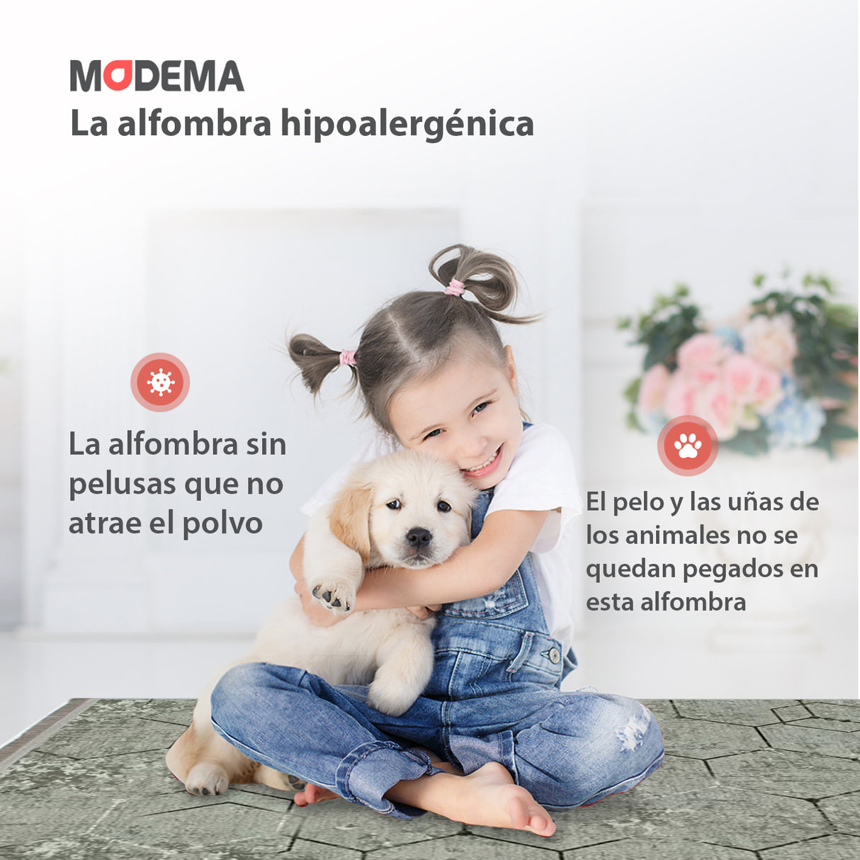 Bebé y mascota jugando sobre la alfombra 'Terra', con texto que resalta sus características: lavable en lavadora, base antideslizante, sin pelusas e hipoalergénica, ofreciendo comodidad y estilo.