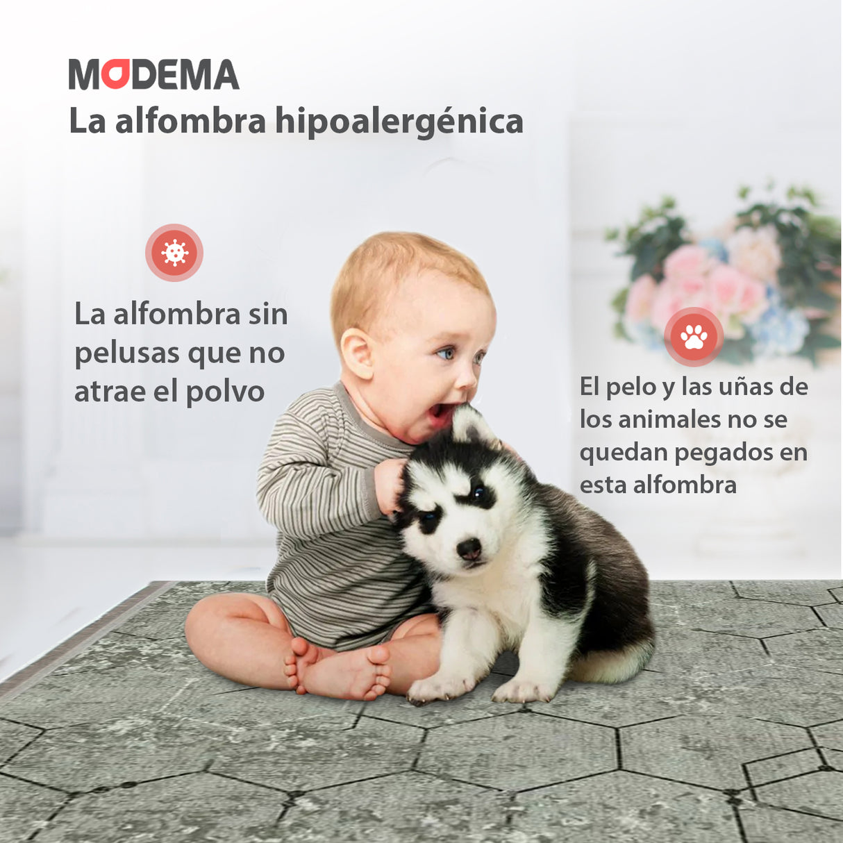 Bebé y mascota jugando sobre la alfombra 'Terra', con texto que resalta sus características: lavable en lavadora, base antideslizante, sin pelusas e hipoalergénica, ofreciendo comodidad y estilo.