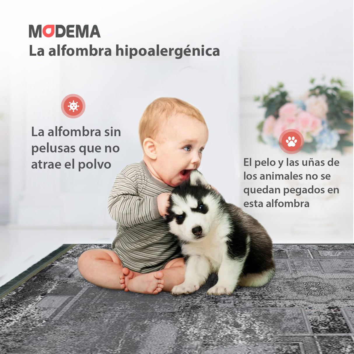 Bebé y mascota jugando sobre la alfombra vintage 'Viola', mostrando su diseño detallado y tonos sofisticados, mientras destaca su suavidad y comodidad, ideal para un ambiente acogedor y elegante.