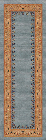 Alfombra exclusiva 'Cachemir' sobre un fondo blanco, mostrando su diseño ornamentado con patrones florales y de cachemira en tonos de naranja, beige y azul sobre un fondo gris. Ideal para añadir distinción y calidez a cualquier espacio. Lavable en lavadora, base antideslizante, sin pelusas e hipoalergénica.