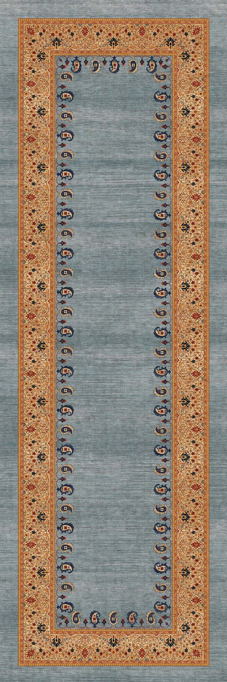 Alfombra exclusiva 'Cachemir' sobre un fondo blanco, mostrando su diseño ornamentado con patrones florales y de cachemira en tonos de naranja, beige y azul sobre un fondo gris. Ideal para añadir distinción y calidez a cualquier espacio. Lavable en lavadora, base antideslizante, sin pelusas e hipoalergénica.