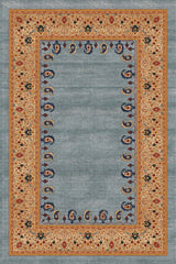 Alfombra exclusiva 'Cachemir' sobre un fondo blanco, mostrando su diseño ornamentado con patrones florales y de cachemira en tonos de naranja, beige y azul sobre un fondo gris. Ideal para añadir distinción y calidez a cualquier espacio. Lavable en lavadora, base antideslizante, sin pelusas e hipoalergénica.