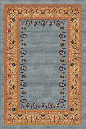 Alfombra exclusiva 'Cachemir' sobre un fondo blanco, mostrando su diseño ornamentado con patrones florales y de cachemira en tonos de naranja, beige y azul sobre un fondo gris. Ideal para añadir distinción y calidez a cualquier espacio. Lavable en lavadora, base antideslizante, sin pelusas e hipoalergénica.