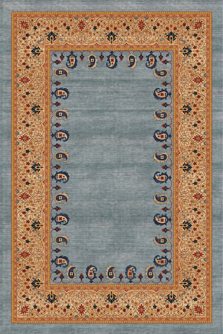 Alfombra exclusiva 'Cachemir' sobre un fondo blanco, mostrando su diseño ornamentado con patrones florales y de cachemira en tonos de naranja, beige y azul sobre un fondo gris. Ideal para añadir distinción y calidez a cualquier espacio. Lavable en lavadora, base antideslizante, sin pelusas e hipoalergénica.