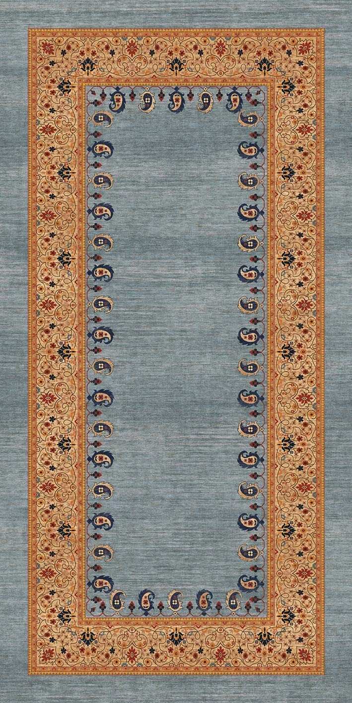 Alfombra exclusiva 'Cachemir' sobre un fondo blanco, mostrando su diseño ornamentado con patrones florales y de cachemira en tonos de naranja, beige y azul sobre un fondo gris. Ideal para añadir distinción y calidez a cualquier espacio. Lavable en lavadora, base antideslizante, sin pelusas e hipoalergénica.