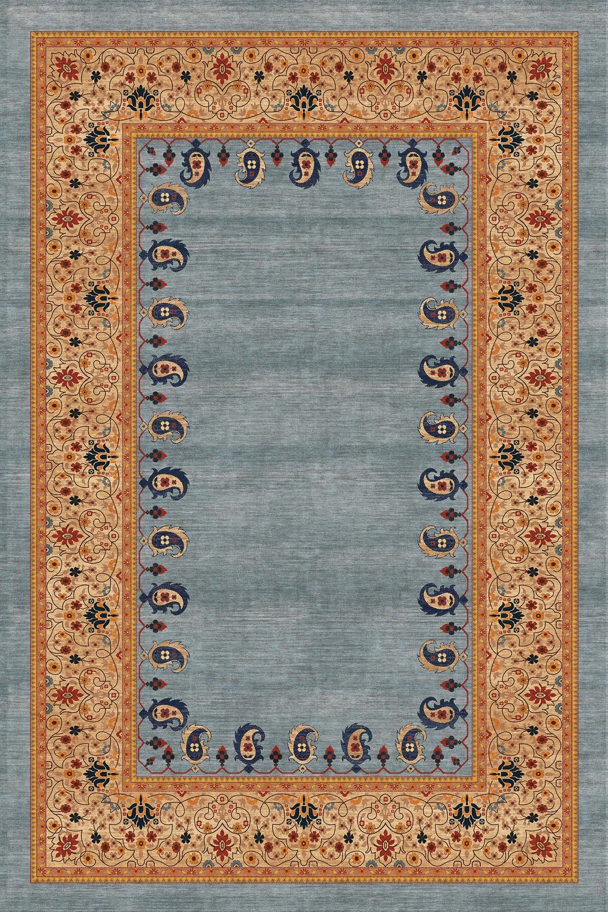 Alfombra exclusiva 'Cachemir' sobre un fondo blanco, mostrando su diseño ornamentado con patrones florales y de cachemira en tonos de naranja, beige y azul sobre un fondo gris. Ideal para añadir distinción y calidez a cualquier espacio. Lavable en lavadora, base antideslizante, sin pelusas e hipoalergénica.