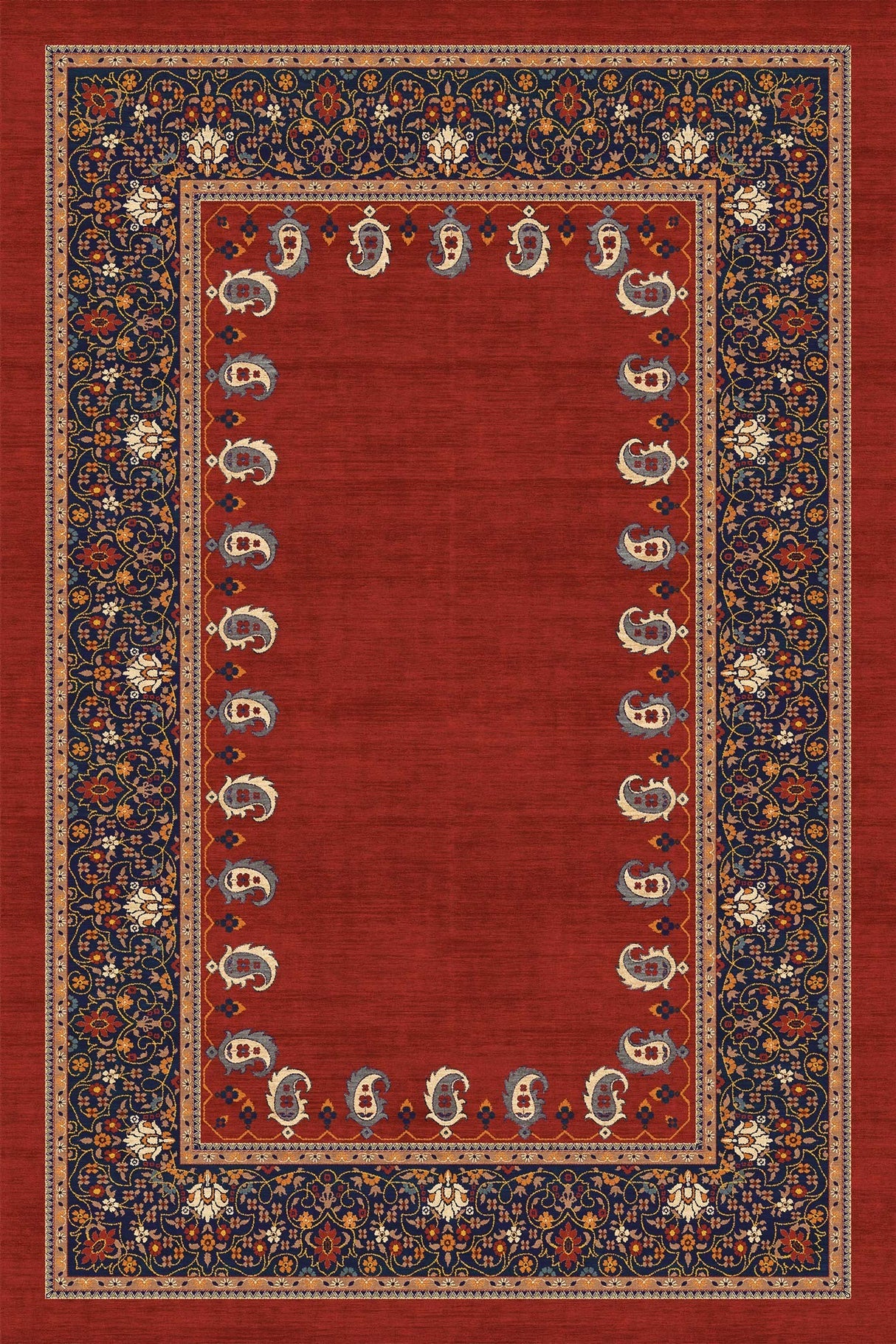 Alfombra persa 'Cachemir' sobre un fondo blanco, mostrando su vibrante tono rojo con detalles en azul marino, crema y naranja. El diseño intrincado y los motivos florales reflejan elegancia y lujo, ideal para añadir sofisticación a cualquier espacio. Lavable en lavadora, base antideslizante, sin pelusas e hipoalergénica.