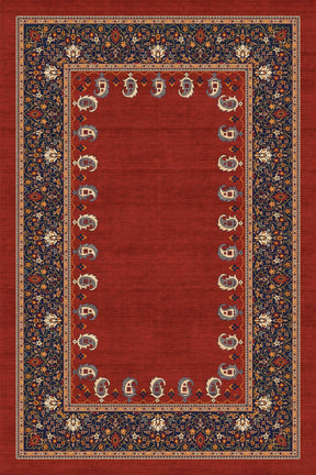 Alfombra persa 'Cachemir' sobre un fondo blanco, mostrando su vibrante tono rojo con detalles en azul marino, crema y naranja. El diseño intrincado y los motivos florales reflejan elegancia y lujo, ideal para añadir sofisticación a cualquier espacio. Lavable en lavadora, base antideslizante, sin pelusas e hipoalergénica.