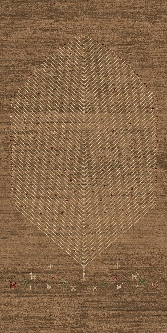 Alfombra oriental 'Cedar' sobre fondo blanco, exhibiendo un diseño central con un árbol simbólico y un patrón hipnótico, enriquecido con detalles de pequeños animales en el borde. Este diseño añade un toque de elegancia y cultura a cualquier hogar. Lavable en lavadora, base antideslizante, sin pelusas e hipoalergénica.