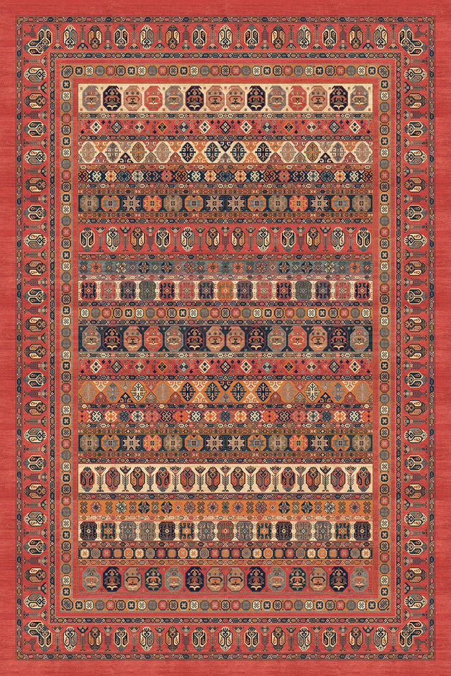 Alfombra 'Heritage' sobre fondo blanco, resaltando sus patrones intrincados y la vibrante combinación de colores rojos y naranjas. Ideal para quienes buscan añadir un toque de elegancia clásica y calidez a cualquier espacio del hogar.