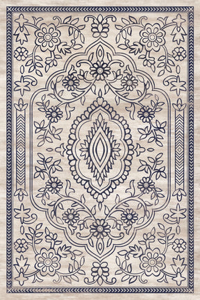 Alfombra 'Laura' sobre un fondo blanco, resaltando su diseño detallado con motivos florales y geométricos en tonos neutros de beige y azul marino, que añade un toque de arte y sofisticación.