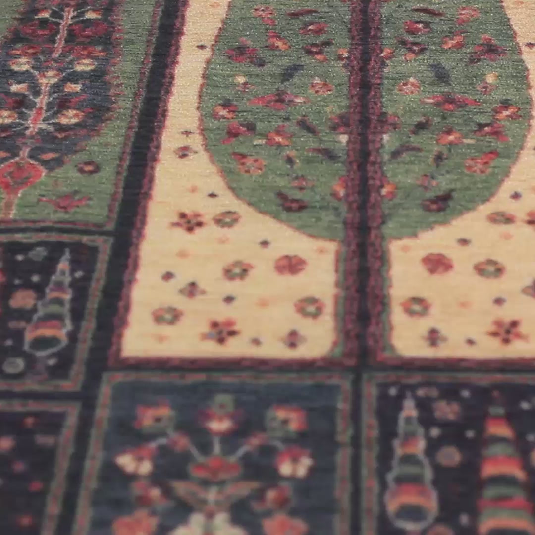 Video de la alfombra 'Primavera', mostrando su diseño persa con colores vibrantes y patrones detallados que evocan la belleza del arte clásico. Ideal para añadir lujo y tradición a cualquier espacio, la alfombra es lavable en lavadora para una fácil limpieza.