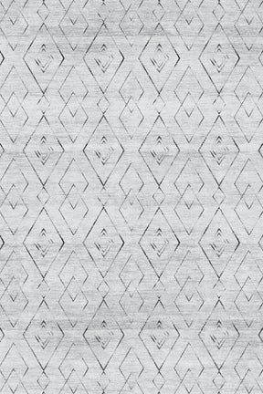 Alfombra 'Rhythm' sobre un fondo blanco, destacando su diseño geométrico con diamantes entrelazados. Los colores neutros la hacen versátil para cualquier decoración, y es lavable en lavadora para un mantenimiento práctico.